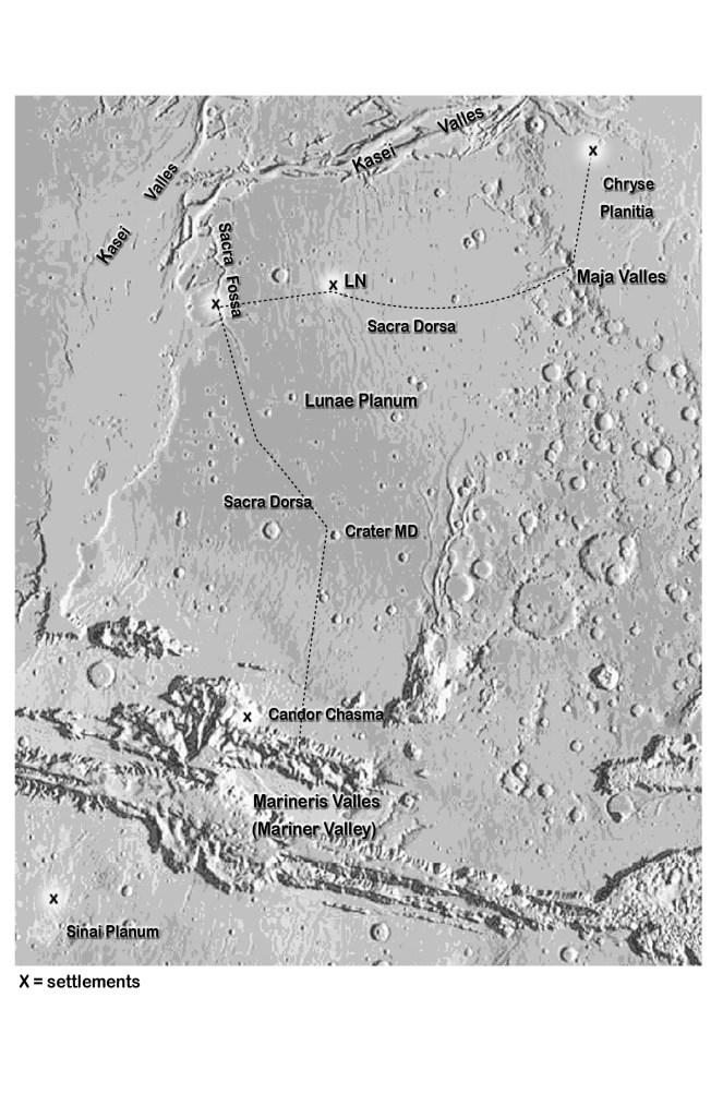 Chryse Planitia, Lunae Planum, Sacra Fossa, Mariner Valley, Valles Marineris